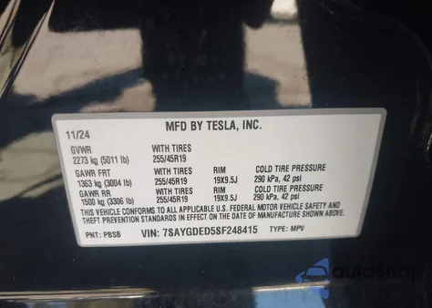 2025 Tesla Model Y Long Range Dual Motor Rear-Wheel Drive from USA, damaged, VIN 7SAYGDED5SF248415